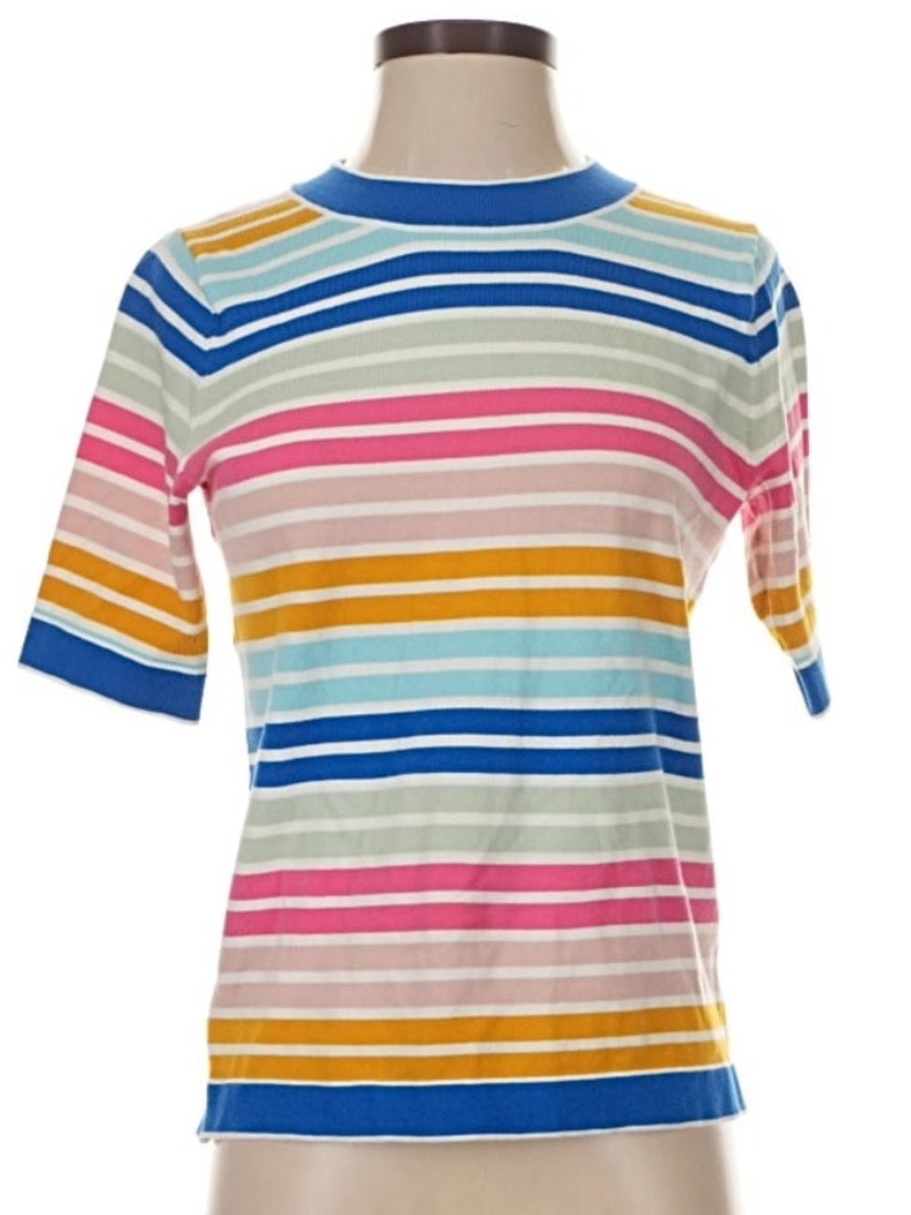 Boden Women’s Small (S) Striped Pink, White & Mustard Short-Sleeve Cotton Top